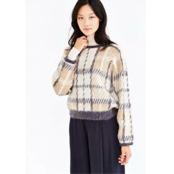 J.O.A. Natural Cozy Plaid Pullover Sweater Fuzzy Mohair Wool Checked Boxy Medium - Picture 4 of 13